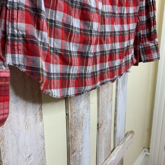 Theory Red Plaid Raw Hem Button Down Shirt - Picture 5 of 10